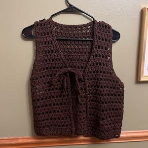 Thrifted Brown Crocheted Vest with Tie